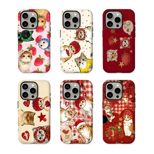 Cute Aesthetic Strawberry Cartoon Cat Smartphone Case - Waterproof Casing with UV Printing, Shockproof Protection, Lightweight Slim Scratch Guard TPU Lining, Reinforced Polycarbonate Shell, Camera Guard for iPhone & Samsung (Christmas Gift)