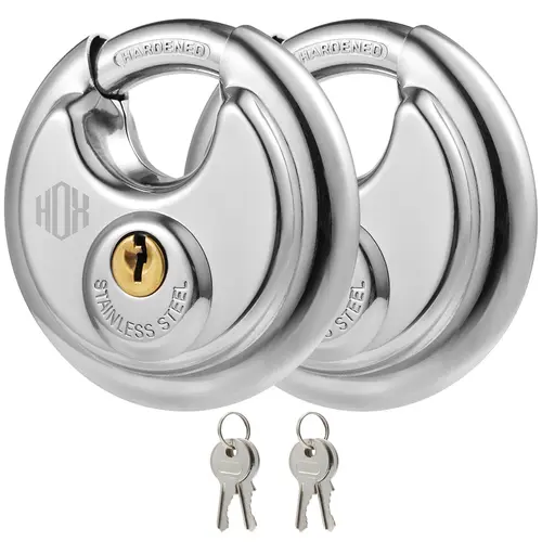 HOX 2-Pack Keyed-Alike Disc Padlock, Hardened Steel Shackle, Corrosion-Resistant Heavy-Duty Waterproof Outdoor Ready Security Lock (3/8in Shackle, 2-3/4in Wide Body) for Fence Gates, Gate Hardware, Cabinet Lock, Box Lock