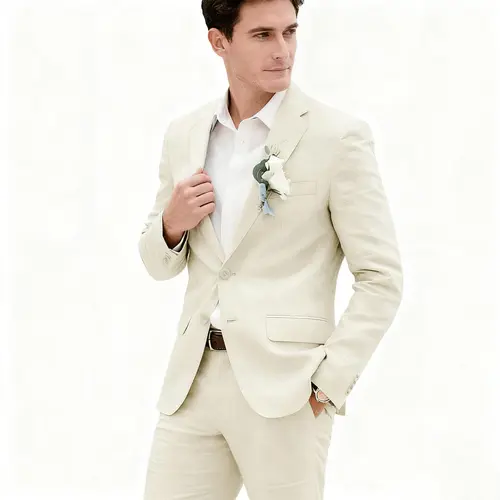 Men's Chic Plain Long Sleeve Linen 2-Piece Slim-Fit Fitted Suit Set - Lightweight, Breathable Blazer & Pants, Formal Wear for Wedding, Beach Party (XXL Available), Collared