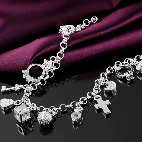 1pc Elegant 925 Sterling Silvery Heart Key Pendant Bracelet, Women's Bracelet, 13 Small Pendants, Bohemian Style, Shiny And Exquisite Silvery, Women's Fashion Jewelry Accessories, Suitable For Wife, Girlfriend, Fashion Gift, Birthday Gift