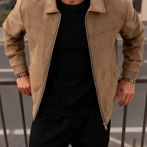Men's Lightweight Business Lapel Jacket Coats, Zipper Closure, Faux Suede Fabric, Casual Slim Fit Outerwear, Easy Care