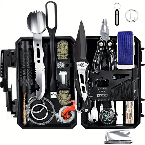 60-in-1 Emergency Gear Kit - Survival Tools, Outdoor Survival Supplies, EDC Items & Gadgets Including Bracelet, Whistle, Flashlight, Pliers, Pen, Wire Saw for Camping, Hiking