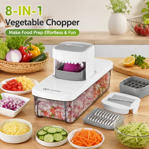 KEOUKE 8-in-1 Multi-Functional Plastic+Steel Vegetable Mandoline Slicer - Single Unit Kitchen Utensil with Drainage Holes, Container for Effortless Food Prep (Onion, Potato), Kitchen Supplies & Organization