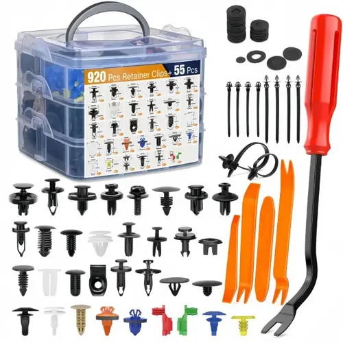 975PcsUniversal Auto Retainer Clip Kit — Includes 26 sizes & removal tool. Fits 99% of vehicles.  Loose parts. panel removal plier repair kit removable clip repair power tool installation tool powertools, mechanic gift Tool Bit Kit