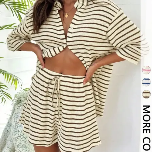 Women's Summer Casual Comfort Beach Vacation Party Striped Sets Short Sleeve Shirt and Drawstring Shorts Set, Summer Beach Suit, 2 Piece