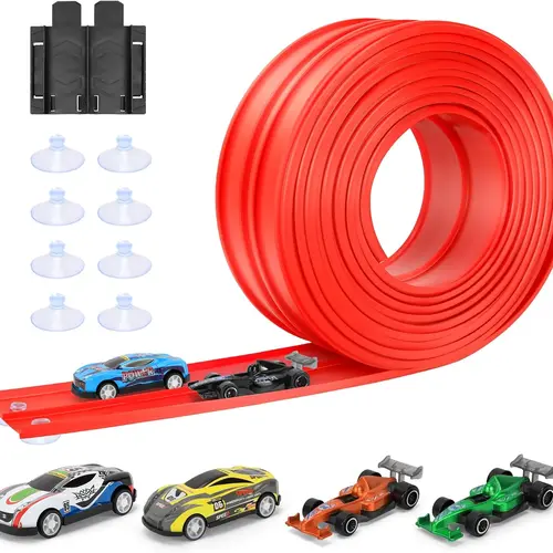 Flex Tracks 16Ft for Kids: Flexible Race Car Ramp Track with 4 Small Racecars and 8 Suction Cups Compatible with Diecast 1/64th Cars, Rolls Up Portable Racetrack for Ages 3 & Up