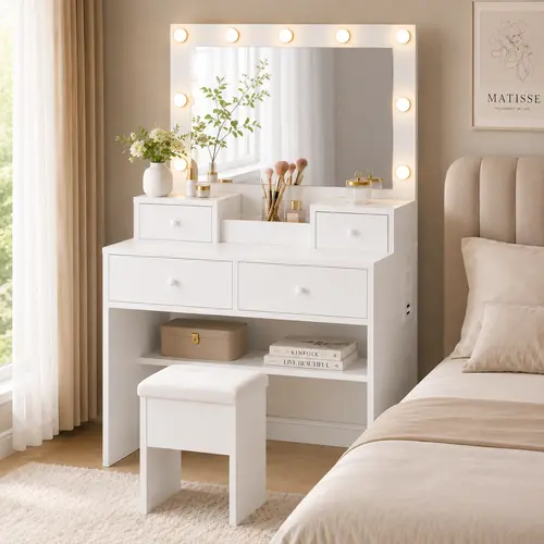 【 Limited-Time Offer 】DAYAGO Modern Mirrored Dressing Table Set with Adjustable LED Lights, 4 Drawers, Power Strip, Vanity Chair Stool, White Bedroom Makeup Vanity, Ideal Women's Christmas Gift, Storage, Makeup Organization