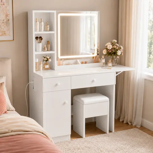 DAYAGO Modern Backlit Makeup Vanity Set with Desk, Neat 3-Tier Shelves, 2 Drawers, Hidden Drawer Tidy, Cabinet Storage, Built-In Outlets, Stool for Bedroom Makeup Organization (Assembly Required), Neat 3Tier Shelves