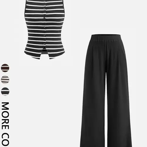 Striped Vest + Wide Leg Pants Set, Casual Matching Set, Casual Style Set, Casual Fitted High Waist, Spring & Fall, Daily Streetwear, Women's Fashion, Fashion Style Sets, Womenswear Everyday, Outfit Set