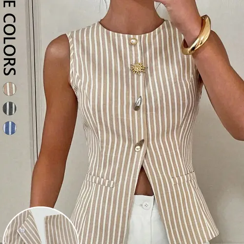 Women's Casual Striped Sleeveless Button Down Vest, Fitted Style, Perfect for Everyday Wear, Comfortable and Stylish, Ideal for Spring and Fall, Tops, Womenswear, Basic Vest, Casual Comfy Vest