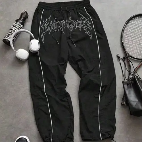 Men's Fashion Casual Comfy Sporty Sport Pants, Unique Print, Taslon Fabric, Striped Design, Adjustable Elastic Cuff, American High Street Style, Loose Sports Pants
