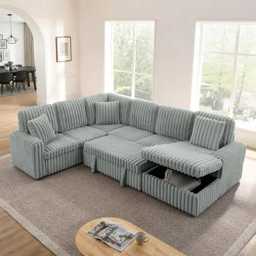 [4 Packages Shipping]  Niccae Modular U-Shaped Sectional Sofa Bed, 6-Seat Corduroy Sleeper Sofa with Pull Out Bed & Storage Chaise, Modern Minimalist Plush Cloud Couch for Small Space, Apartment, Living Room