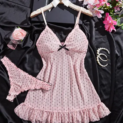 AgeRose Women's 2-Piece Polka Dot Print Matching Pajamas Set, Lightweight Breathable Knit Polyester Loungewear, Loose Fit All-Seasons Nightwear with Ruffled Hem, Chic Soft Comfy Lingerie
