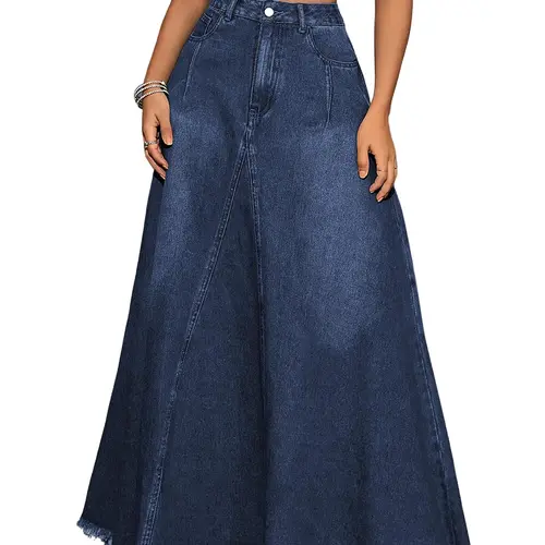 Ebossy Retro High Waist Denim Maxi Skirt | Frayed Hem, Pockets & Tassels | Cute A-Line for Daily & Party Looks,clothes for back to school,first day of school outfits