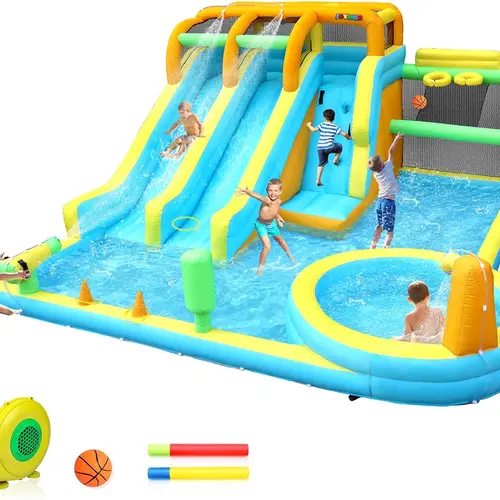 JOYMOR 11-in-1 Inflatable Water Slide for Kids Backyard w/ 2 Waterslide, 2 Basketball Hoop, Pool, Climbing Wall, Water Blasters, 1min Blow Up Water Slides Park w/ 750w Blower, Storage Bag