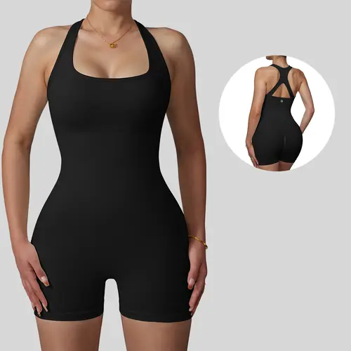 OQQfitness Womenswear Workout Jumpsuits Seamless Yoga Gym Short Bottom Rompers Sexy Racerback Overalls