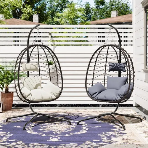 2-Piece PE Rattan Egg-Shaped Hanging Swing Chair with Stand, Adjustable Chain, Waterproof Full Cushion - Boho Woven Grid Weave Design, Indoor-Outdoor Use, Egg Hammocks & Swing Chairs Accessories Compatible