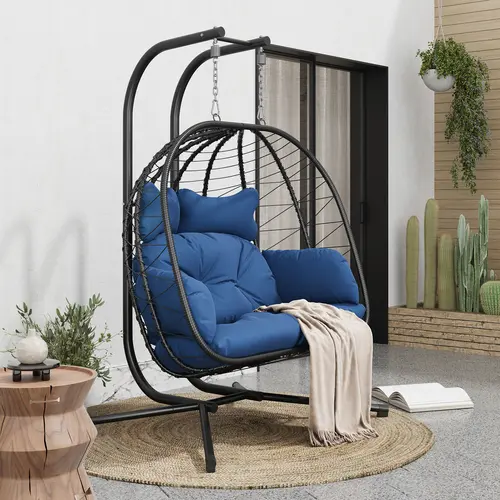 Double Egg Swing Chair for Two with Cushions and Stand, Wicker Rattan Hanging Chair 700lbs Capacity, Waterproof & Sunproof for Patio Porch Balcony Garden Indoor
