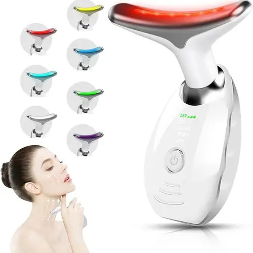 2025 New Face and Neck Massager Tool - 7-Color LED Rechargeable Beauty Machine for Women, Facial Care Tools with Soothing, Chin Lifting and Neck Firming, Skin Rejuvenation, Toning, Glow Boost (White),back to school,back to school haul