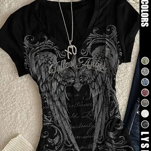 Halloween Wings Print Retro Y2K Fashion Style Women's V Neck Short Sleeve T-Shirt, All Seasons Fitted Top, Plain Surface, Unlined