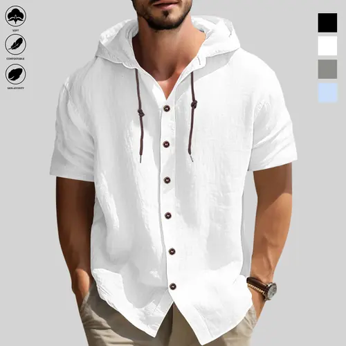 Men's Casual Hooded Long-Sleeve Tops - Button Design, Adjustable Drawstring Hood, Non-Elastic Fabric, Regular Fit, Plain Style, Suitable for Spring & Autumn Outdoor Hiking, Daily Wear, Mens Casual Shirts