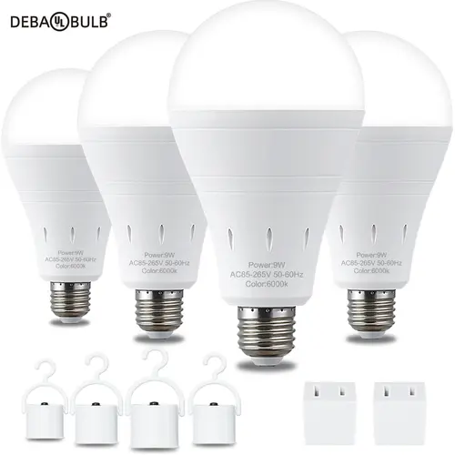DEBAOBULB 4PK Rechargeable Emergency Light Bulbs  Battery Powered LED Light Bulb 6000K Daylight E26 120 Volt 9W 60W Equivalent with 1200mAh for Home Power Outage Camping Hurricane