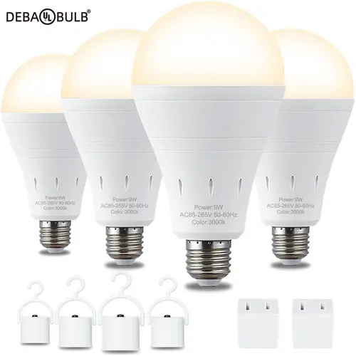 DEBAOBULB 4-Pack Bright LED Bulb Light, 9W 800lm Warm Light E26 120V Rechargeable Battery-Operated Emergency Bulbs, Multifunctional Hook, Home Power Outage Energy-Saving Device, Color Changing for Night Market Use