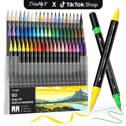 Summerwins Premium Dual-Tip Acrylic Markers Set - 60/48/36/24-Color Brush & Fine Tip Unisex School Stationery, Art Supplies for Markers for Coloring, Doodle Art, Sketchbook Ideas on Multiple Surfaces