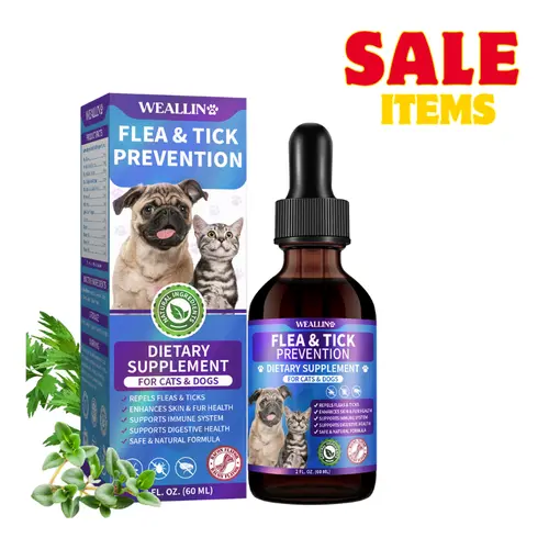 【SALE】WEALLIN Natural Plant-Based Flea & Tick Support Oral Drops for Cats & Dogs - Probiotics, Oregano & Wormwood, Black Walnut, Pumpkin Seeds, Multivitamins, Bacon Flavor, Multi-Ingredient Wellness, Soft Coat Support, All Breeds & Ages