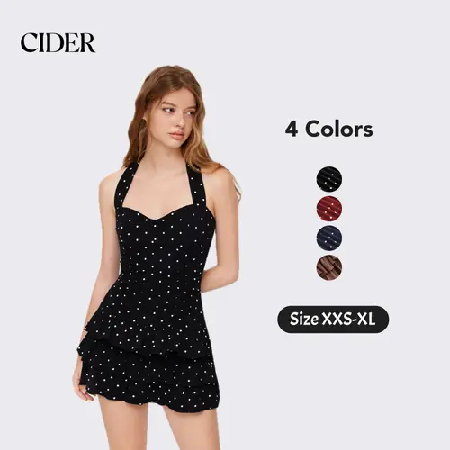 Cider Halter Mini Dress with Ruched Detail – Polka Dot Layered Dress for Women, Flattering Fit Hides Tummy, Casual Womenswear Perfect for Date Nights & Spring Parties SummerFinds