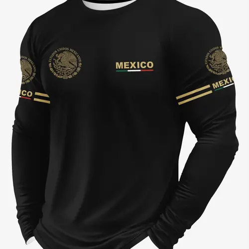 Men's Casual Crew Neck Fitted Mexico Street Fashion Graphic Long Sleeve T-Shirt, Streetwear, Ideal for Spring & Fall, Perfect Daily Wear, Comfortable and Stylish, Menswear