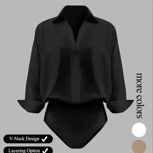 Women's Casual Everyday Loose V-Neck Long-Sleeved Shirt Fitted Casual Bodysuit in Elegant Style Woven Fabric for All Seasons