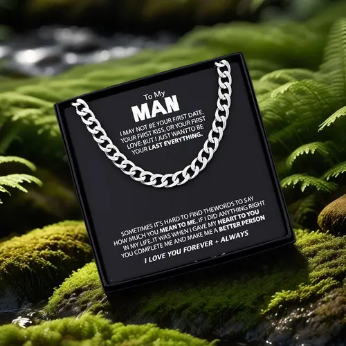 1Pcs Stainless Steel Cuban Link Chain Necklace - "To My Man" Sentimental Boyfriend Gifts, Strong Steel Chain Men's Accessories with Luxury Gift Box & Card
