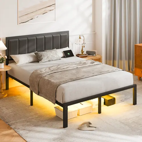 DAYAGO Modern Upholstered Headboard Metal Platform Bed Frame - Black Finish, LED Lights, USB Port, Solid Metal Base, Skip Box Spring for Simpler Setup, Simplifies Setup Process, Requires Assembly (Twin, Full, Queen Sizes)