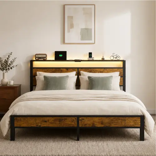[Limited-Time Offer]DAYAGO Platform Bed Frame, Queen Bed Frame Headboard with LED Lights & Charging Station Twin/Full/Queen/King Size Storage Headboard Type C & USB Ports Modern Bed Metal Frame for Bedroom, No Box Spring Needed, Metal Bed Frames, Platform