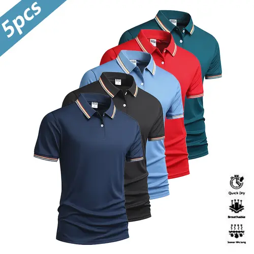 Men's 5-Piece Dry-Fit Jersey Polo Shirts Set - Color-Block Collar, Color-Block Cuff, Quick-Dry, Breathable Golfing Apparel for Golf, Travel,summerwins,father'sdaygifts,back to school,back to school shopping
