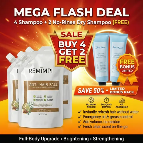 Buy 4 Get 2 FREE – REMIMPI Anti-Hair Fall Shampoo + DEWRISE No-Rinse Dry Shampoo Bonus Limited Set summerwins,travel essentials,sunscreen,back to school