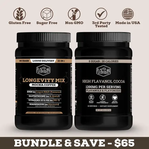 Black Forest Longevity Mix Mocha Coffee + Cocoa Flavanols & Flavonoids Bundle | Cocoa Powder 1200mg with Epicatechin + Longevity Coffee with NMN, Glutathione, Magnesium Glycinate, Vitamins D3 C K2 B12 | Supports Circulation, Energy & Daily Wellness, Choco