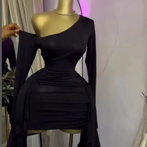 PULKRITU Women's Elegant Feminine Bodycon Mini Dress, Drop Shoulder Long Flare Sleeve with Ruffle Hem, Sexy Cocktail Party Dress for Birthday, Festival & Night Out, Fashionable Club Wear