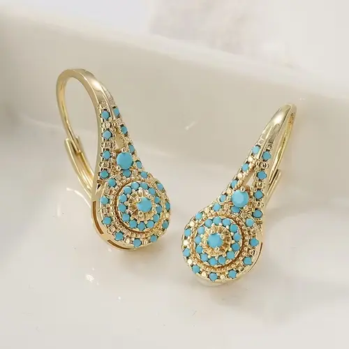 Women's Elegant Synthetic Turquoise Teardrop Dangle Earrings KC Golden Plated Statement Jewelry for Everyday Formal Events Valentine's Gift Affordable Luxury Sophisticated Style Intricate Detailing