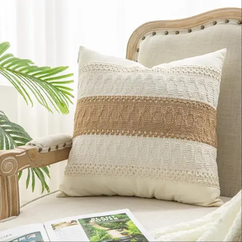 1PCS/2PCS Bohemian Boho Rustic Style Textured Striped Decorative Cushion Cover, Coarse Linen Fabric Pillowcase, Durable Polyester for Living Room & Bedroom Decor, All Season Use(No insertion), Machine Washable