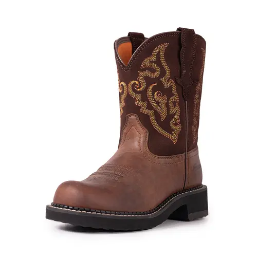 【Genuine Leather】Palitutu Cowgirl Boots for Women Round Toe Ankle Western Cowgirl boots Pull On Embroidered Full Grain Leather Brown PLT303609/PLT303611