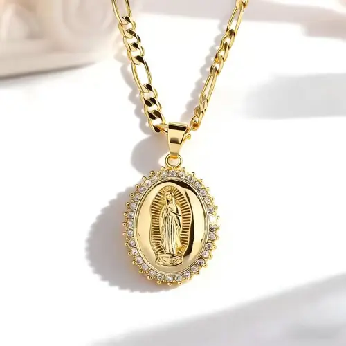 Women's 14 Karat Gold Plated Virgin of Guadalupe Chain Pendant Necklace - Durable Cubic Zirconia, Jewelry for Women, Virgin of Guadalupe Design Necklaces, for Daily Wear & Parties