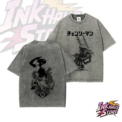 Denji x Reze Chainsaw Man Acid wash Anime Double Printed Vintage Washed Tee Unisex Oversize Anime Manga Heavyweight Cotton T-shirt