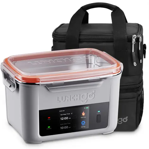 LUNCHGO G1 Smart Cordless Heated Lunch Box - BPA-Free Safe Stainless Steel Rectangular Box, Battery-Powered, 5-Cups Hold, 250°F Max Heat, Touchscreen Scheduled Heating, Double-Layer Bag, Ideal for Work & Work Travel