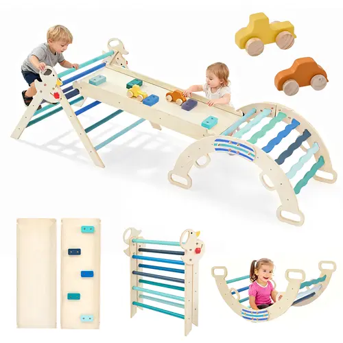 9-in-1 Compact Wooden Montessori Climbing Set - Sturdy Tri-Base Unisex Indoor Playroom Equipment, Multifunction Toddler Toy with Arch, Ramp, Ladder for 3-4 Years Olds, Versatile Configurations to Boost Motor Skills