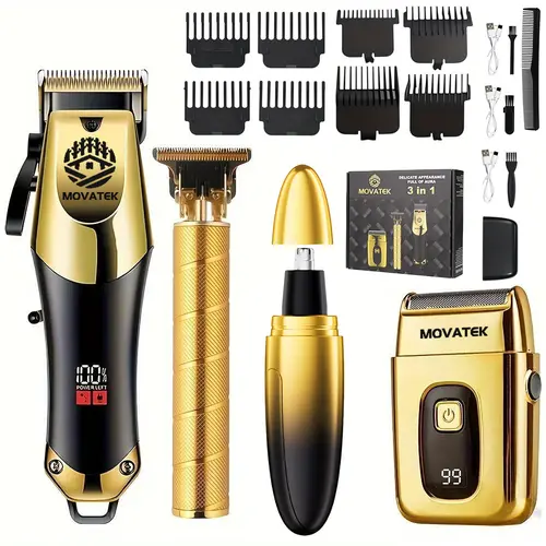 MOVATEK Men's 4/3-Piece Smooth Hair Cutting Kits, Cordless Barber Trimmer Set with Electric Shaver, Nose Hair Trimmer, 0-Gap Barber Equipment, USB Charging, LCD Power Display, Fine Groomer, Beard Styling Tool, Gifts for Him