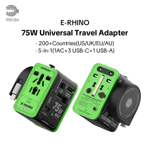 mfish E-RHINO 75W Universal Plug Cordless GaN Charger - 5-in-1 Mobile/Smartphone Charger with Retractable USB-C Cable, USB-A Compatible for 200+ Countries, Overcurrent Protection
