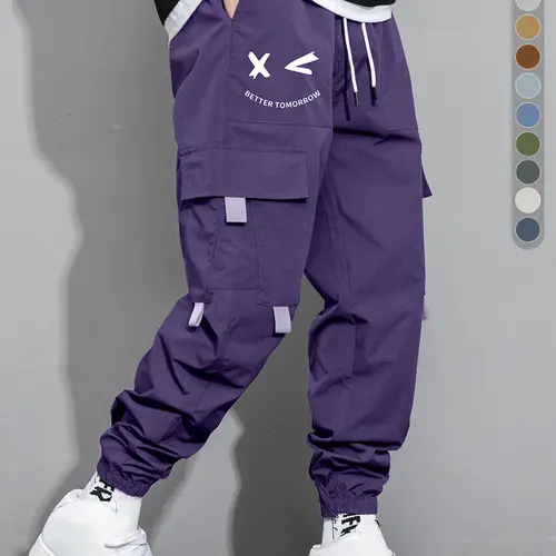 sweats Men's multi-colored work pants with an elastic waistband, loose fit, and multiple pockets, featuring side letter prints, suitable for street style and everyday wear.work pants for men  Casual Jogger Menswear Stylish mens pants  Trouser