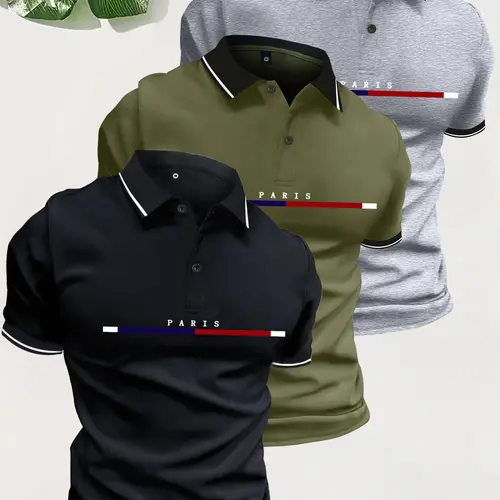 3 Pack Men's Summer Paris Letter Pattern Printed Short Sleeve Button Turn-down Collar Polo Shirt Simple Retro Beach Vacation Casual Sports Outing Top Commuting Work Golf Gift for Boyfriend or Husband